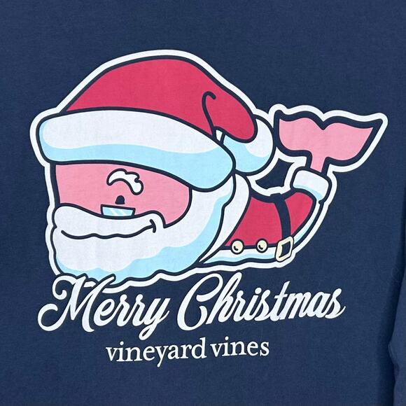 Vineyard Vines Blue Pocket T-Shirt Size S Long Sleeves Santa Merry Christmas - Picture 9 of 9